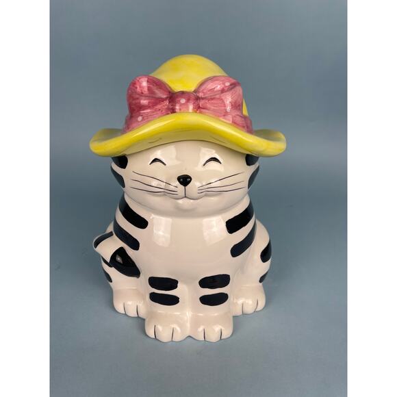 Vintage Large Ceramic Cat Cookie Jar, Easter Theme Yellow & Pink Hat Storage - Picture 1 of 8